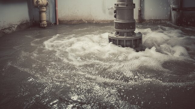 Submersible sump pump operating in flooded pit, pumping water with strong flow, symbolizes efficient basement flood protection and reliable drainage solution.