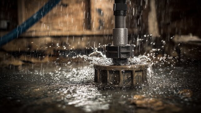 Sump pump in wet pit with splashing water, illustrating sump pump maintenance and inspection need.