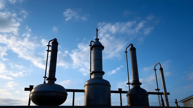Industrial distillation stills silhouetted against a blue sky at dusk