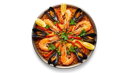 Overhead view of a seafood paella dish with shrimp mussels red pepper and lemon wedges