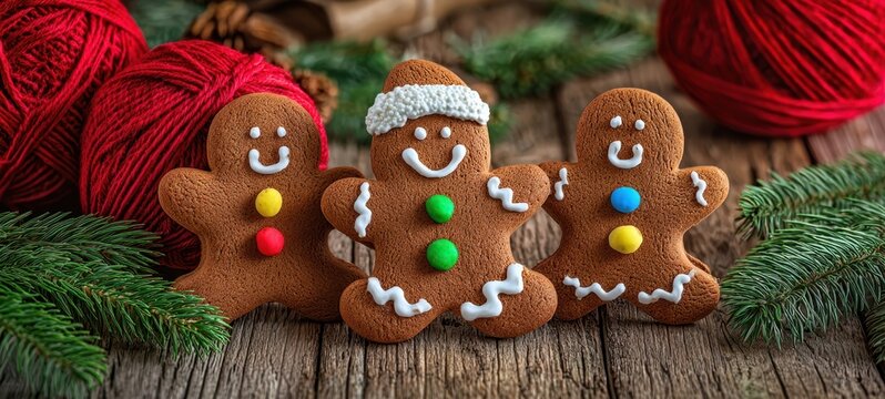 The Gingerbread Cookies Smiling on Rustic Wood with Evergreen and Red Yarn