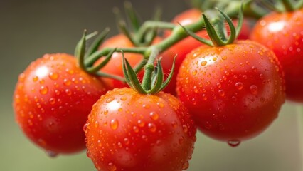 Fresh ripe roma tomatoes covered in water droplets on the vine