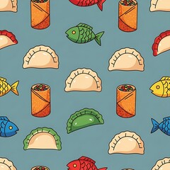 Seamless pattern of colorful cartoon Asian food, including dumplings, spring rolls, and fish on a textured blue background.