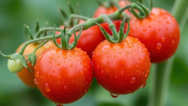 Ripe roma tomatoes growing on the vine with water droplets - Powered by Adobe