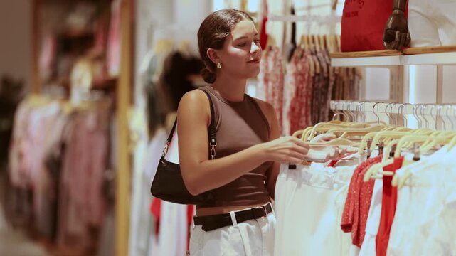 Young woman standing in summer dress in shop and choosing clothes. Shopper looking at rails with white and red clothes in a stylish boutique. High quality 4k footage