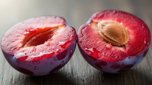 Juicy red plums halved revealing their sweet interior and pit