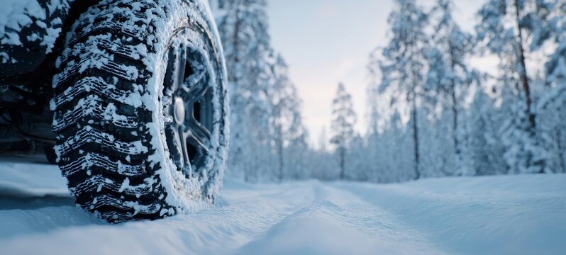 The Tire of a 4x4 Vehicle Traversing a Snow-Covered Forest Road at Sunrise - Powered by Adobe