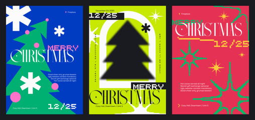 Modern Christmas Poster Set Minimal Pixel Retro Style