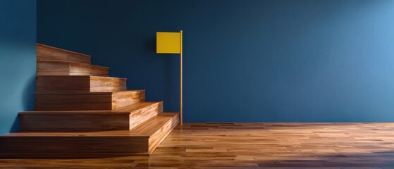 The wooden staircase with a yellow flag against a deep blue minimalist wall