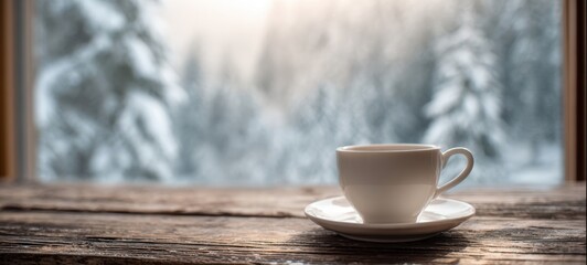 The cup on a rustic wooden table overlooking a snowy forest through frosted window