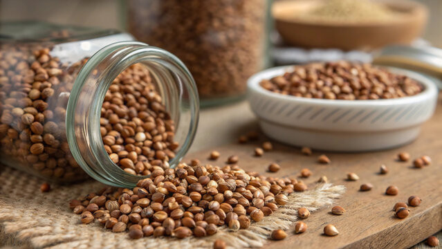 Spilled Glass Jar of Raw Buckwheat Groats on Wooden Board