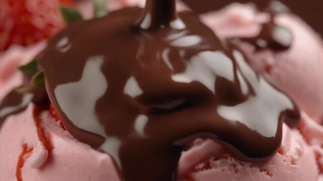 a strawberry being poured onto ice cream, 4k. A hyperreal close-up