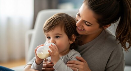 Happy mother holding her toddler while he drinks milk from a feeding bottle at home.