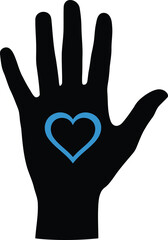 Black silhouette of a hand with a blue heart outline