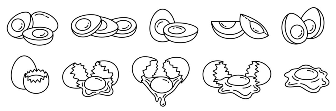 Egg icon set. Broken eggs icons. Cracked eggshell symbols isolated on white background. Happy Easter Day. Fried or boiled half and slices chicken eggs. Allergen free icon label. Vector Illustration.