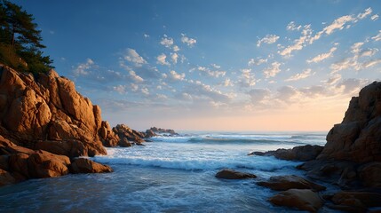 Beautiful scenic coastline with rocky cliffs and tranquil ocean waves under a vibrant sunset sky, showcasing natural beauty and peaceful outdoor landscape