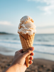 Hand Holding Vanilla Ice Cream Cone at Beach