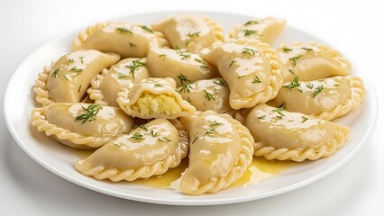 Plate of golden pierogi filled with potato and dill in melted butter dumplings potato filling