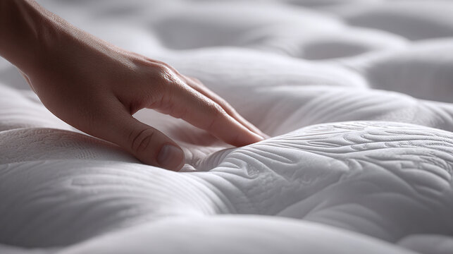 A close-up shot of a hand gently touching a plush mattress, highlighting the soft texture and luxurious feel