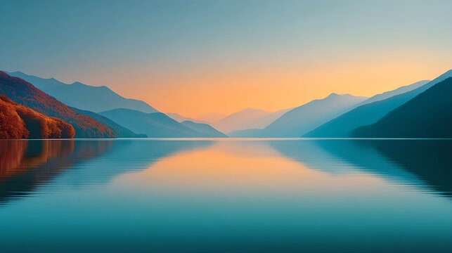 Stunning scenic landscape featuring serene lake surrounded by majestic mountains during sunrise with vibrant colors, reflection, and tranquil outdoor atmosphere