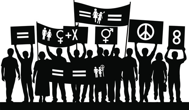 Diverse group of people holding signs with equality and peace symbols