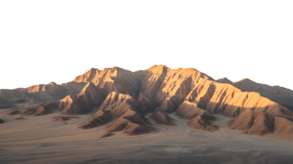 Sunlit desert mountain range isolated on transparent background, rugged geological landscape with dramatic golden-hour lighting for design, graphics and nature themes