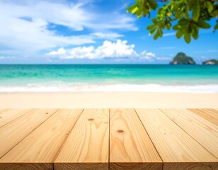 Fototapeta premium Wooden tabletop overlooks a blurred beach with turquoise water, a sunny sky, and greenery overhead