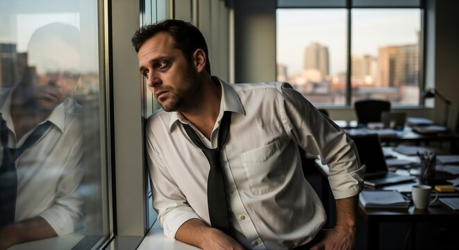 Depressed and exhausted corporate businessman looking out office window during the late evening.