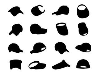 Sporty caps and visors black silhouettes. Head accessories for activities, training or workout. Cap for cashier, athlete, manager, vector icons