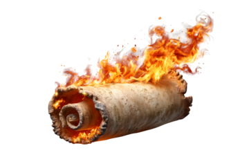 Ancient Rolled Parchment Scroll Engulfed in Bright Orange Fire