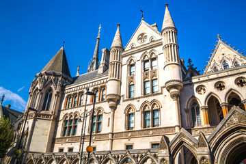 London, The Royal Courts of Justice view, Neo-gothic English architecture 19th century. 