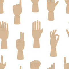 Obraz premium Wooden hand mannequins. Arm seamless pattern, wood hands showing different signs and numbers. Art template for painters, vector background