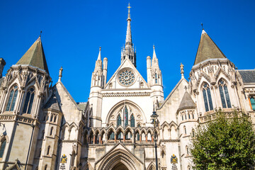 London, The Royal Courts of Justice view, Neo-gothic English architecture 19th century. 