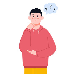 Young man has trouble. Guy thinking about question, find problem solve. Thoughtful, puzzled adult character, student on exam, vector flat person
