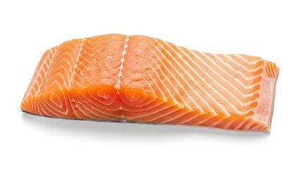 Raw salmon fillet with distinct white fat lines and orange flesh on white background fish