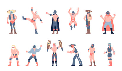 Fototapeta premium Mexican wrestling fighters. Fight show wrestlers wear bright horror maskr and costumes. Fighters lucha libre in various sport poses, wrestling recent vector characters