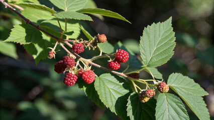 Wild Blackberry Branch with Unripe Red Berries and Leaves
