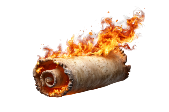 Ancient Rolled Parchment Scroll Engulfed in Bright Orange Fire