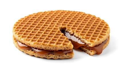 Round golden waffle sandwich with oozing caramel filling on white background stroopwafel