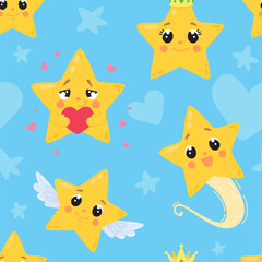 Stars seamless pattern. Star characters flying, with heart in love. Positive romantic nursery print for fabric, wrapping, wallpaper, classy vector background