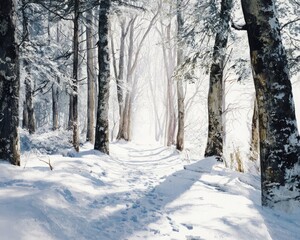 Obraz premium Snowy forest watercolor painting with light filtering through trees