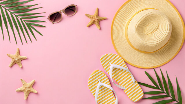 summer rest concept Sunny beach essentials with striped flip flops, sunglasses, hat, and starfish arranged on a pink background