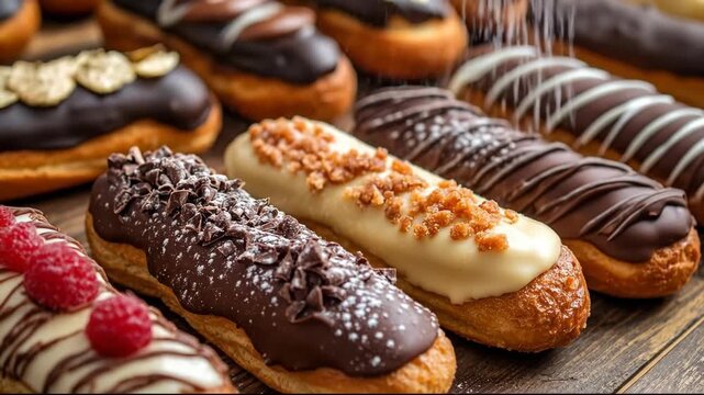 Delicious eclairs with chocolate, raspberries, and toppings on a wooden surface.