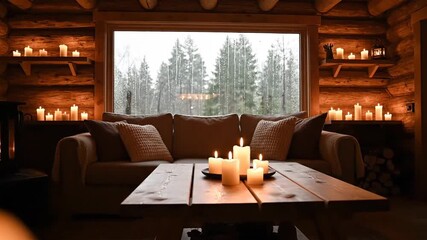 Cozy Log Cabin Interior Illuminated by Numerous Warm Candles Offers a Serene View of a Snowy Forest Through a Large Window Creates a Peaceful and Inviting Atmosphere - Powered by Adobe