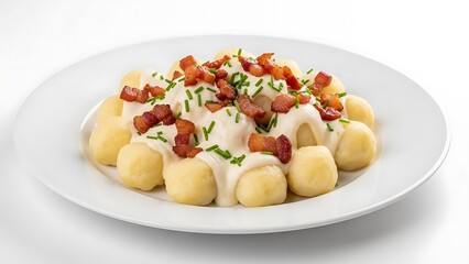 Round potato dumplings with creamy sauce crispy bacon and chives on white plate gnocchi