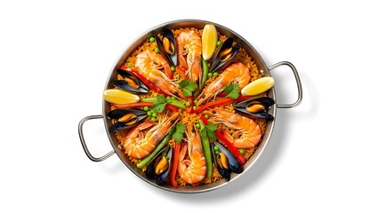Seafood Paella in a Round Pan with Shrimp Mussels Lemon and Parsley rice