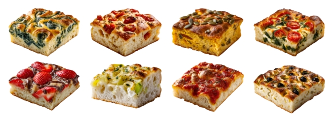 Set of different flavor of classic Italian Focaccia bun bread flat, flatbread leavened, oven-baked with fillings, nuts fruit meat vegetable flavour, transparent cutout PNG. Many Mockup for design
