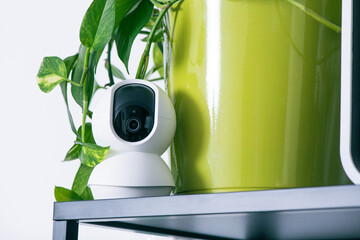 a security camera next to a green plant pot