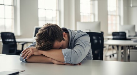 Overworked employee sleeping and resting head on arms at an empty office desk