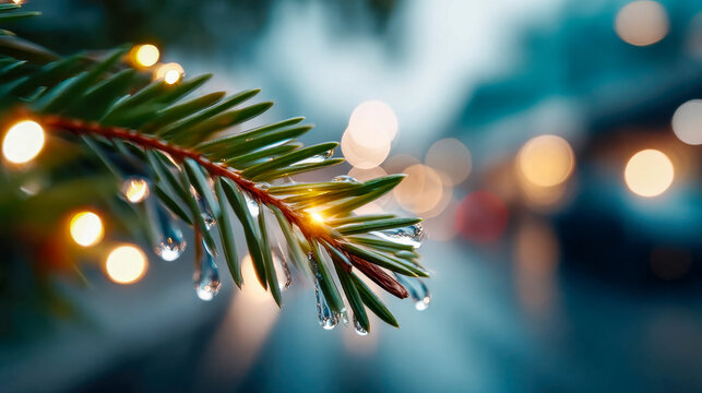 Golden glitter ornament resting on a dewy evergreen branch with glowing festive bokeh lights